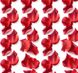 A seamless pattern of red rose petals on a white background