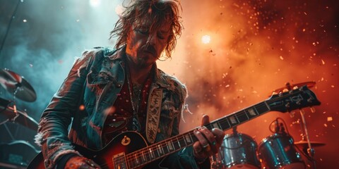 man with long hair playing a guitar.