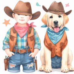 A young cowboy in a vest and hat stands next to a Labrador Retriever wearing a matching vest and bandana