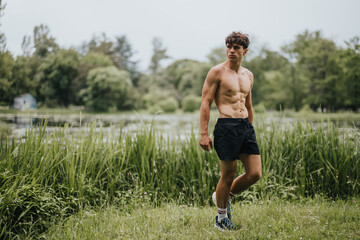 Fit man exercising outdoors in park near a lake. Shirtless athlete experiencing nature during a...