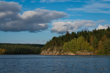 Lake Ladoga near the village Lumivaara on a sunny autumn day, Ladoga skerries, Lakhdenpokhya, Republic of Karelia, Russia
