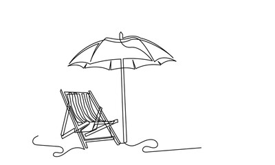 Continuous line drawing of Tropical beach umbrella striped beach chairs.Concept of holiday summer vacation and Relaxing on the beach.Isolated on a white background.

