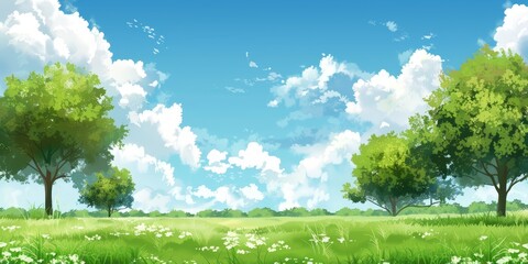 Obraz premium A picturesque scene of a green meadow with two trees and a bright blue sky with fluffy white clouds