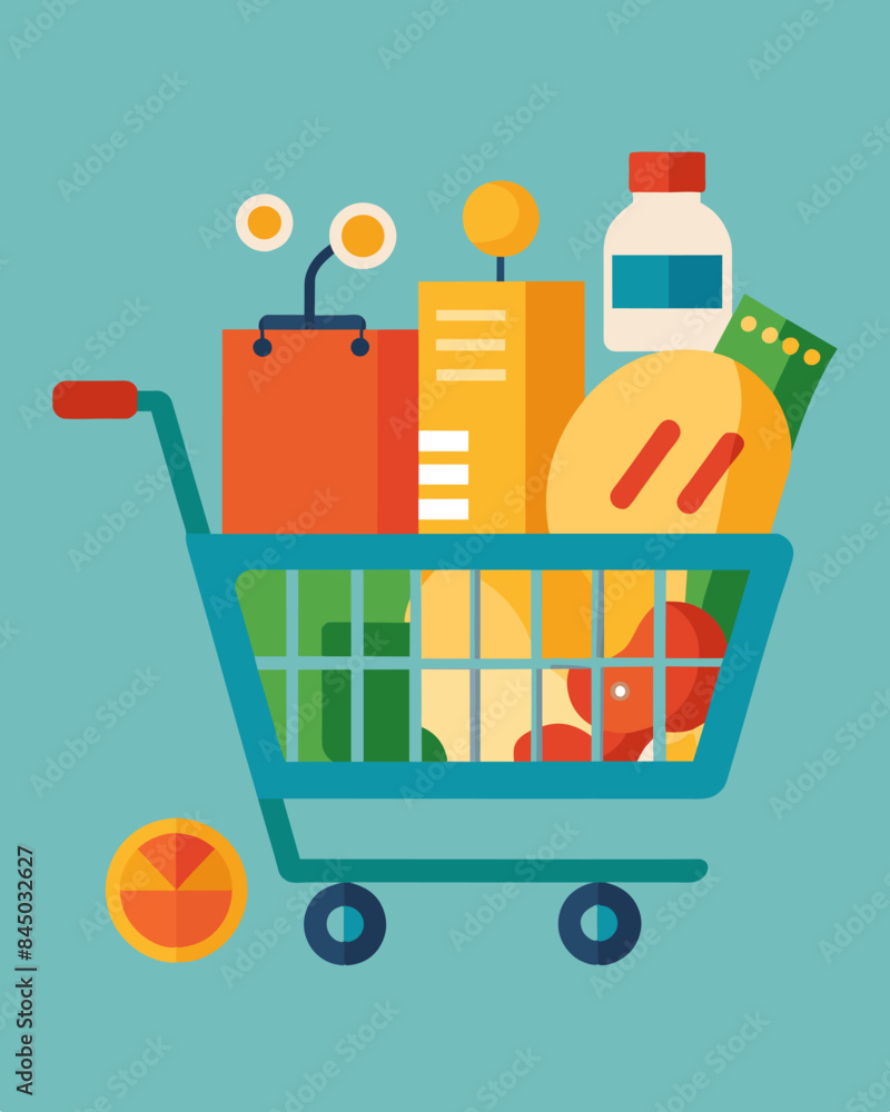Poster with only a handful of items the shopping cart is a symbol of an unbearable grocery bill for the ave