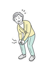 膝の痛みで膝に手を当てる高齢女性のイラスト
