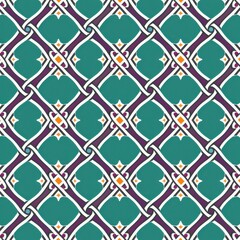 Fototapeta premium Colorful Geometric Tile Pattern - Seamless Vector Art with Intersecting Lines and Diamonds in Teal, Purple, and Orange Design