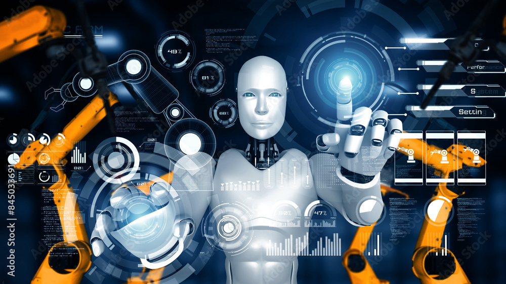 Poster mlp 3d illustration cybernated industry robot and robotic arms for assembly in factory production. c
