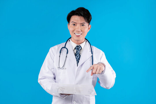 Profile smart doctor holding transparent tablet looking camera with disease research data futuristic technology attempting remedy therapy healthcare innovation interface hologram screen. Contrivance. - Powered by Adobe