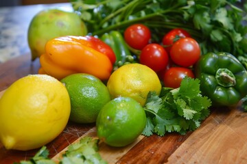 assortment of fresh vegetables and fruits on a wooden table, with bright colors and natural lighting