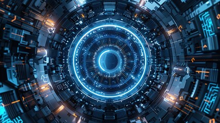 Fototapeta premium A circular cyberspace with holographic effects and blue neon lines around it, set against a dark background.
