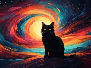 Black Cat in a Whirlwind of Colors