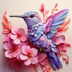Obraz premium Papercraft Hummingbird Amidst Blooming Flowers