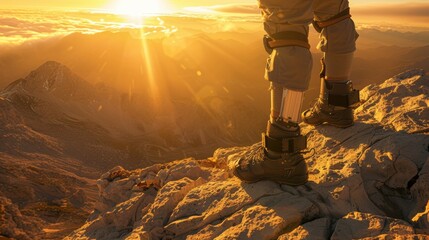 A person with a bionic leg scales a rocky mountain peak, the sunrise casting a golden glow on their determined face and the advanced technology strapped onto their leg.