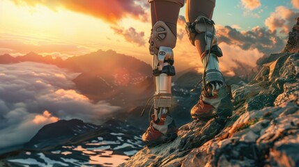 A person with a bionic leg scales a rocky mountain peak, the sunrise casting a golden glow on their determined face and the advanced technology strapped onto their leg.
