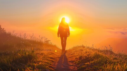 person walking towards the rising sun along a path generative ai