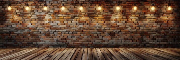 A brick wall with hanging light bulbs and a wooden floor in a dimly lit room - Powered by Adobe