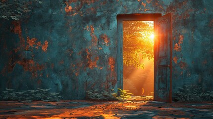 An open door leading to an alternate dimension symbolizes the embarkation into untrodden creative frontiers.