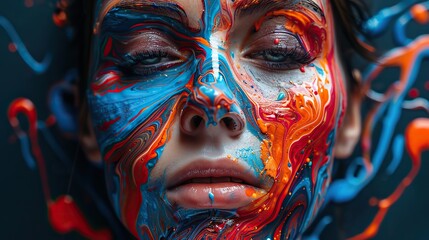 A countenance emerging amidst a vibrant palette symbolizes an identity forged through the alchemy of artistic creation.