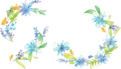 水彩のベクターフラワーフレーム。水彩タッチで描いた花と草木のウエディングフレーム。水彩の花束。Watercolor vector flower frame. Wedding frame of flowers and plants with watercolor touch. Watercolor bouquet.