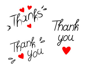 Thank you Thanks Hand drawn lettering with red hearts and decorative elements Greetings or card idea
