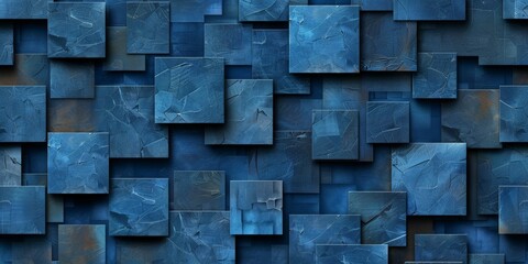 A close-up photo of a wall covered in square-shaped tiles, all painted in shades of blue. The tiles are arranged in an abstract pattern, with some overlapping and creating a 3D effect