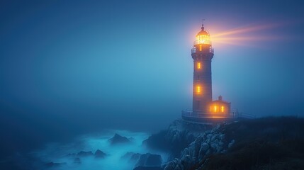 A lighthouse, with beams of color, represents guiding creative ideas through the darkness.