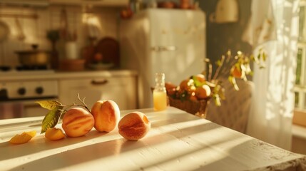Fototapeta premium Ready-to-eat peach jam sits on a white table in a warmly lit kitchen. 