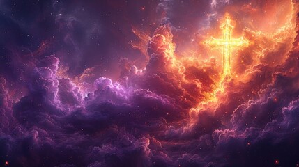 Naklejka premium prominent cross rises above the clouds in a dramatic sky.