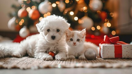 Bichon frise puppy and adorable kitten near Christmas tree
