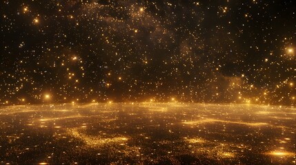Abstract background shining golden floor ground particles stars dust. Futuristic glittering in space on black background. 