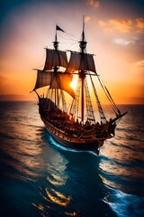 Obraz premium Ancient ship with raised sails at sunset, vertical orientation