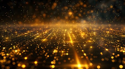 Obraz premium Abstract background shining golden floor ground particles stars dust. Futuristic glittering in space on black background. 