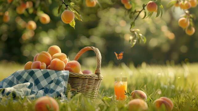A wicker basket overflows with ripe peaches, and a glass filled with ice-cold peach juice sits invitingly beside it. A butterfly flutters near the scene, adding a touch of whimsy