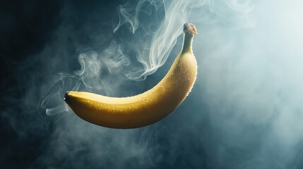 Fresh ripe banana flies in the air on a dark background with smoke