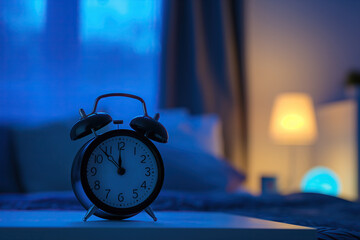 Alarm clock on the bedside table. It's time to sleep.