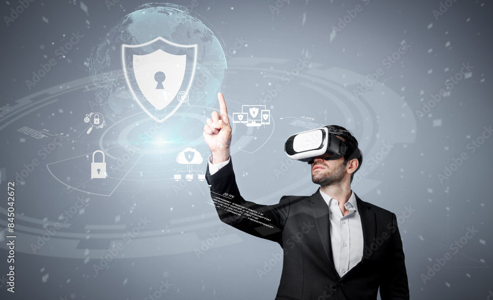 Poster caucasian project manager wearing vr glasses while look at hologram of security system. smart busine
