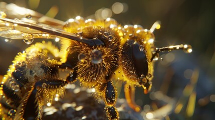 small drops of water on the bee generative ai