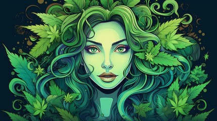 Beautiful woman with hair Marijuana leaves