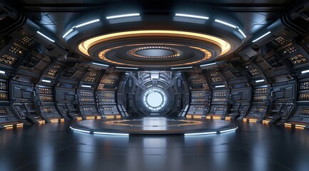 3d rendering of sci-fi dark corridor with white light. Futuristic tunnel with dark metal walls.