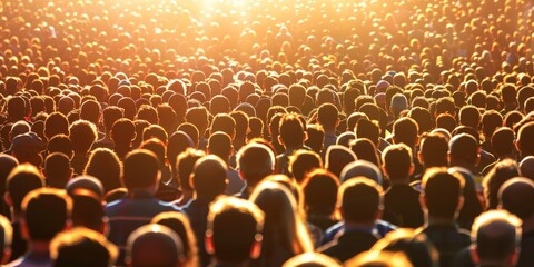Obraz premium A photo of a large crowd of people gathered together outdoors during the daytime. The sun is shining brightly, and the people are all facing forward