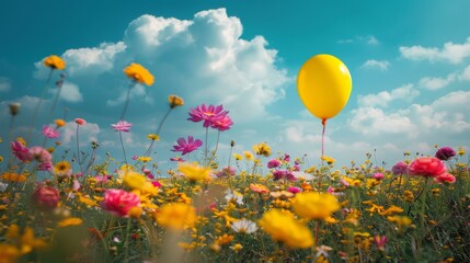 Yellow balloon in a field of flowers. generative ai