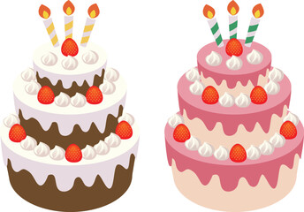 苺がたくさんのった3段ケーキのベクターイラスト