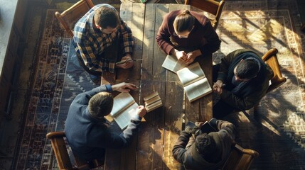 Small church group study the Bible together.