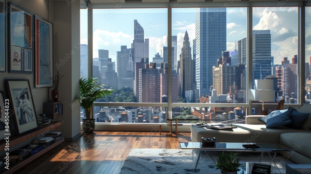 Poster background image of clear daylight view of modern skyline through large windows. window view of city