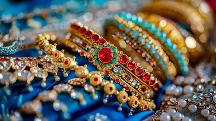 A collection of colorful and intricately designed gold bangles set against a blue background, showcasing traditional luxury