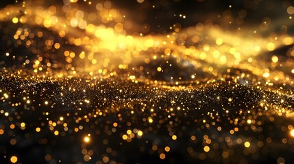 Abstract background shining golden floor ground particles stars dust. Futuristic glittering in space on black background. 