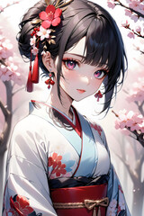 anime girl in a kimono with a pink flower on her head