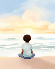 Fototapeta premium A person sitting cross-legged on the beach gazing at the serene sea and vibrant sunset sky, enjoying a peaceful moment of solitude.