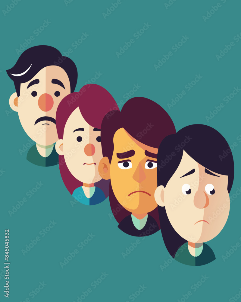 Poster weary faces lined up each with a story to tell of struggle and need.. vector illustration