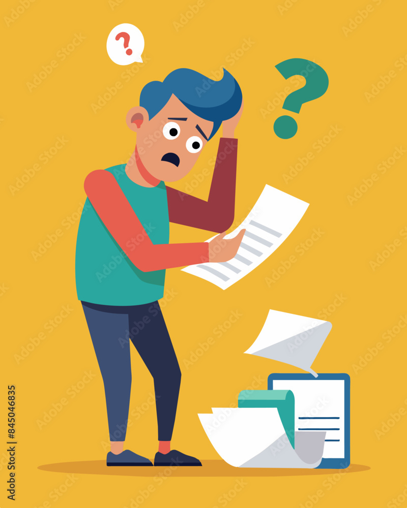 Poster the father frantically searches through his paperwork trying to find an explanation for the ridiculo